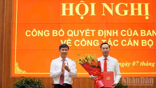 Thừa ủy quyền của Ban Bí thư, đồng chí Nguyễn Thành Tâm, Ủy viên Trung ương Đảng, Phó Trưởng Ban Tổ chức Trung ương (bên trái) trao quyết định và tặng hoa chúc mừng đồng chí Nguyễn Thanh Nhàn. (Ảnh: NGUYỄN SỰ)