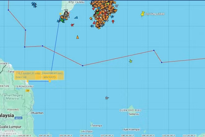Vị trí tàu KAYO bị sự cố trên vùng biển Malaysia.