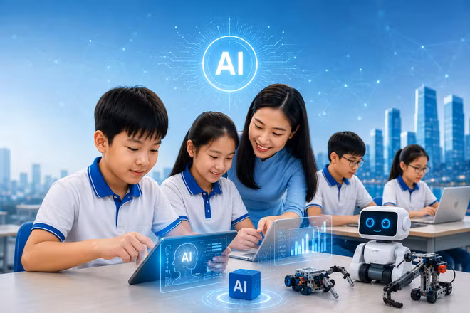 Đưa AI vào giáo dục phổ thông, chuẩn bị nguồn nhân lực cho tương lai. (Ảnh do AI thiết kế)