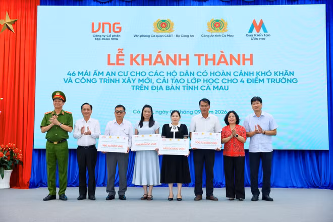 Quỹ Kiến tạo ước mơ (Dream Maker Foundation - DMF), do Công ty cổ phần Tập đoàn VNG bảo trợ, phối hợp Văn phòng Cơ quan Cảnh sát điều tra (Bộ Công an) và Công an tỉnh Cà Mau trao tặng 46 mái ấm an cư cho các hộ dân có hoàn cảnh khó khăn. (Ảnh: BTC cung cấp)