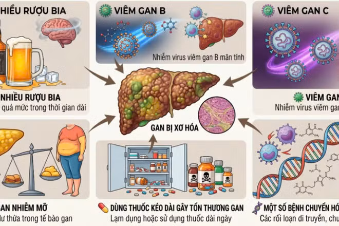 Các nguyên nhân gây bệnh xơ gan. (Ảnh: BVCC)