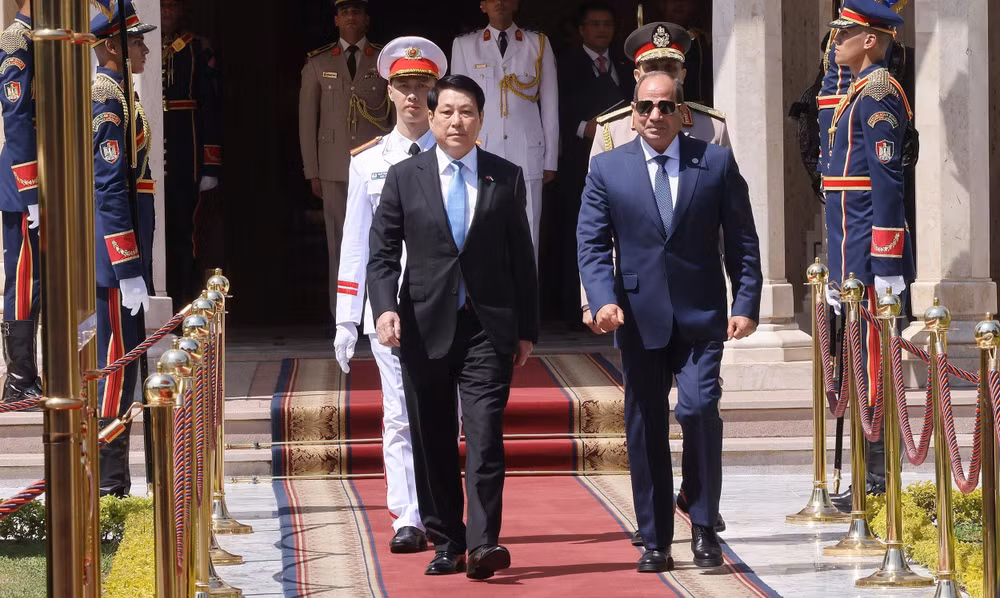 Tổng thống Ai Cập Abdel Fattah El-Sisi đón Chủ tịch nước Lương Cường. (Ảnh: Lâm Khánh/TTXVN)