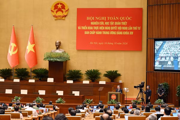 Quang cảnh Hội nghị toàn quốc quán triệt Nghị quyết Trung ương 4 khóa XIV, ngày 16/10/2026. (Ảnh: KHÁNH AN)