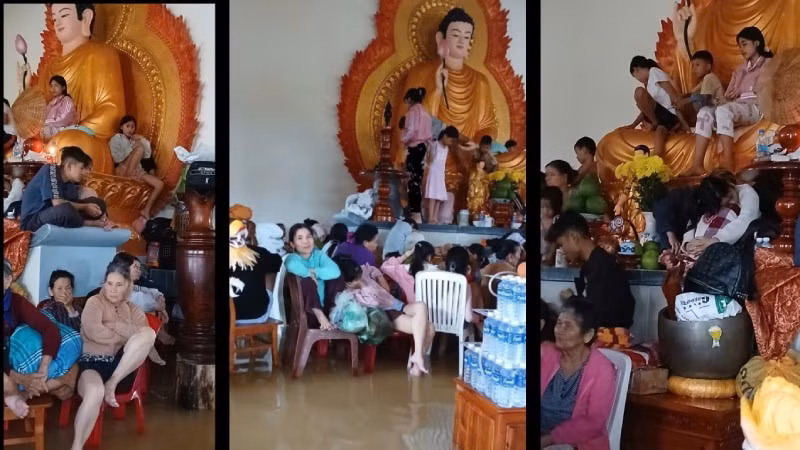 Những hình ảnh người dân ghi lại trong những ngày tránh lụt ở chùa Long Quang.
