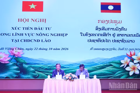 Đại sứ Nguyễn Minh Tâm và Thứ trưởng Nông nghiệp và Môi trường Lào Xaynakhone Inthavong đồng chủ trì hội nghị. (Ảnh: DUY TOÀN)