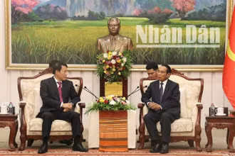 Bộ trưởng Công an Lương Tam Quang chào xã giao Thường trực Ban Bí thư Đảng Nhân dân Cách mạng Lào, Phó Chủ tịch nước Cộng hòa dân chủ nhân dân Lào Bounthong Chitmany. (Ảnh: HẢI TIẾN)