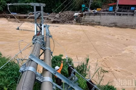 Điện lực Nghĩa Lộ tiếp cận hiện trường, đánh giá mức độ hư hỏng của cột điện trong điều kiện nước lũ dâng cao và dòng chảy xiết.