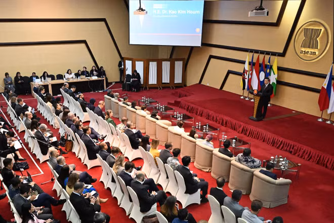 Quang cảnh lễ công bố kết quả Hội nghị cấp cao ASEAN lần thứ 48 và các hội nghị liên quan. (Ảnh: TTXVN)