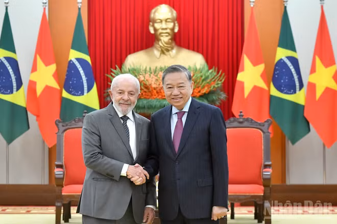 Tổng Bí thư Tô Lâm tiếp Tổng thống Cộng hòa Liên bang Brazil Luiz Inácio Lula da Silva thăm cấp Nhà nước đến Việt Nam từ ngày 27-29/3/2025. (Ảnh: ĐĂNG KHOA)