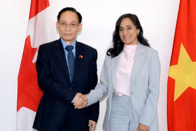Bộ trưởng Ngoại giao Lê Hoài Trung hội đàm với Bộ trưởng Ngoại giao Canada Anita Anand. (Ảnh: Bộ Ngoại giao Việt Nam cung cấp)