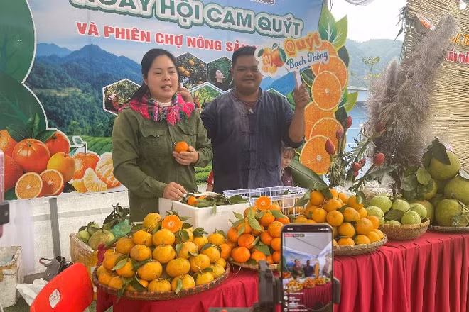 Livestream bán hàng cam, quýt tại Ngày hội. (Ảnh: DUY KHÁNH)