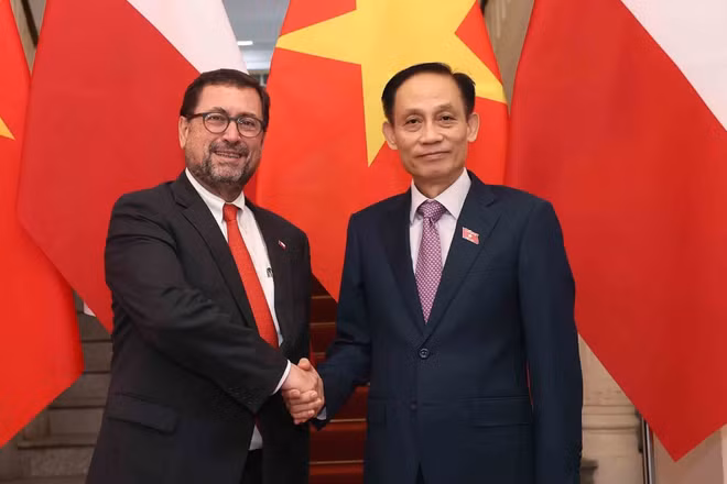 Bộ trưởng Ngoại giao Lê Hoài Trung và Bộ trưởng Ngoại giao Cộng hòa Chile Francisco Pérez Mackenna. (Ảnh: TTXVN)