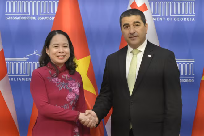 Phó Chủ tịch nước Võ Thị Ánh Xuân gặp Chủ tịch Quốc hội Georgia Shalva Papuashvili, tại thủ đô Tbilisi, ngày 13/10/2026. (Ảnh: Bộ Ngoại giao Việt Nam cung cấp)