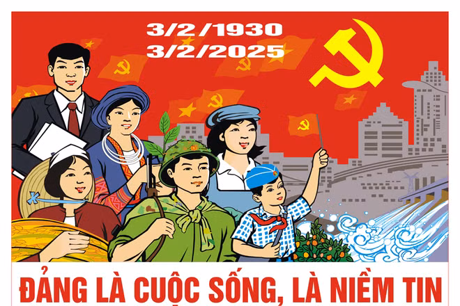 Tranh cổ động tuyên truyền kỷ niệm 95 năm Ngày thành lập Đảng Cộng sản Việt Nam (3/2/1930 - 3/2/2025). 