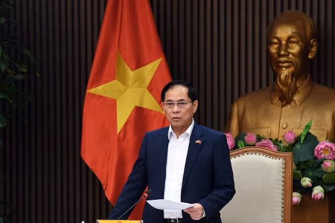 Phó Thủ tướng, Bộ trưởng Ngoại giao Bùi Thanh Sơn phát biểu chỉ đạo tại buổi họp. (Ảnh: VGP)