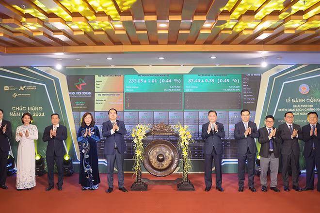 Thứ trưởng Nguyễn Đức Chi thực hiện nghi thức đánh cồng khai trương giao dịch chứng khoán năm 2024.