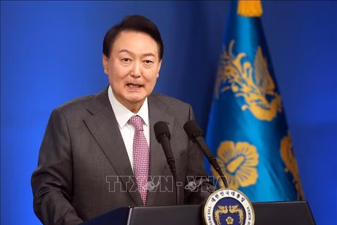Tổng thống Hàn Quốc Yoon Suk Yeol trong cuộc họp báo nhân 100 ngày đầu tiên lãnh đạo chính phủ, tại Seoul, Hàn Quốc, ngày 17/8/2022. (Ảnh: Yonhap/TTXVN)