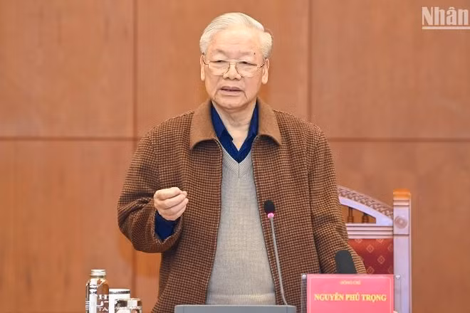 Tổng Bí thư Nguyễn Phú Trọng, Trưởng Ban Chỉ đạo phát biểu tại cuộc họp. (Ảnh: DUY LINH)