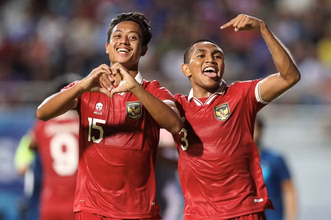 Các cầu thủ U23 Indonesia ăn mừng chiến thắng thuyết phục trước chủ nhà U23 Thái Lan. (Ảnh: WS)