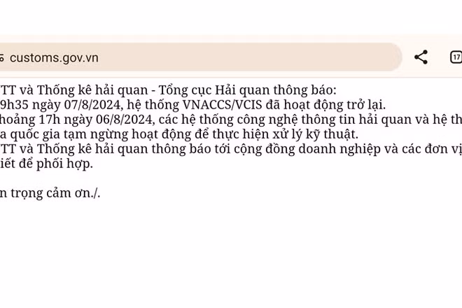 Thông báo trên trang web của Tổng cục Hải quan.