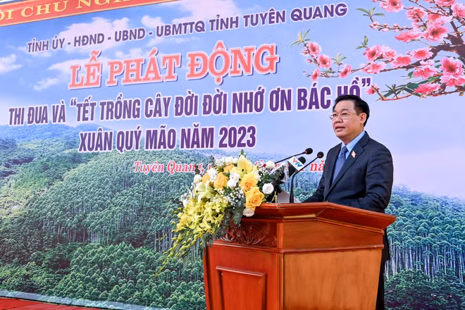 Chủ tịch Quốc hội Vương Đình Huệ phát biểu tại Lễ phát động Tết trồng cây. (Ảnh: Duy Linh).