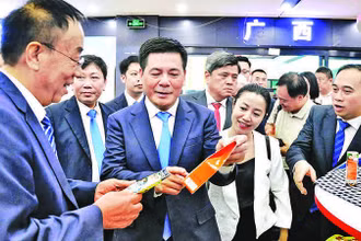 Bộ trưởng Nguyễn Hồng Diên giới thiệu sản phẩm của Việt Nam với đối tác Trung Quốc trong khuôn khổ Lễ hội trái cây Việt Nam lần thứ nhất tại Bắc Kinh, Trung Quốc.