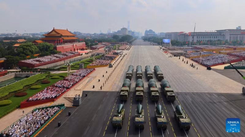 Đội hình tên lửa hạt nhân tham gia cuộc duyệt binh tại Thủ đô Bắc Kinh, Trung Quốc, ngày 3/9/2025. (Ảnh: Xinhua) 