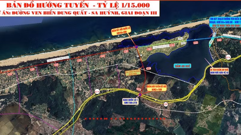 Bản đồ hướng tuyến dự án đường ven biển Dung Quất-Sa Huỳnh giai đoạn 3.