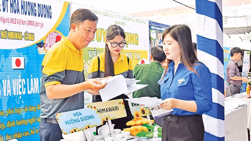 Các doanh nghiệp tư vấn, tuyển dụng lao động trong phiên giao dịch việc làm ở tỉnh Cà Mau. (Ảnh: MỘNG THƯỜNG)