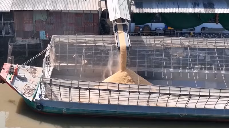 Doanh nghiệp bơm trấu từ nhà máy xuống ghe không che chắn gây ô nhiễm bụi.
