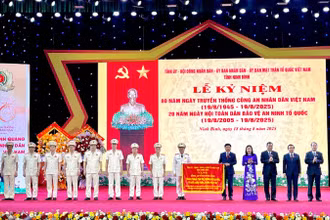 Lãnh đạo tỉnh Ninh Bình trao tặng Bức trướng “Trung thành, tận tụy, gương mẫu đi đầu, vì nước quên thân, vì dân phục vụ" cho Công an tỉnh.