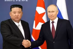 Nhà lãnh đạo Triều Tiên Kim Jong Un và Tổng thống Nga Vladimir Putin tại cuộc hội đàm năm 2023. (Ảnh: Kremlin.ru)