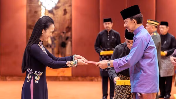 Đại sứ Đỗ Thuỳ Dương trình Quốc thư lên Quốc vương Brunei Darussalam Haji Hassanal Bolkiah. (Ảnh: Đại sứ quán Việt Nam tại Brunei cung cấp)