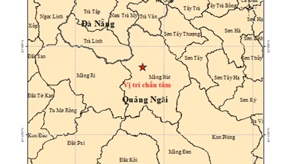 Bản đồ tâm chấn trận động đất có độ lớn 3.6 tại xã Măng Bút, tỉnh Quảng Ngãi. (Ảnh: Viện Các khoa học Trái Đất cung cấp) 