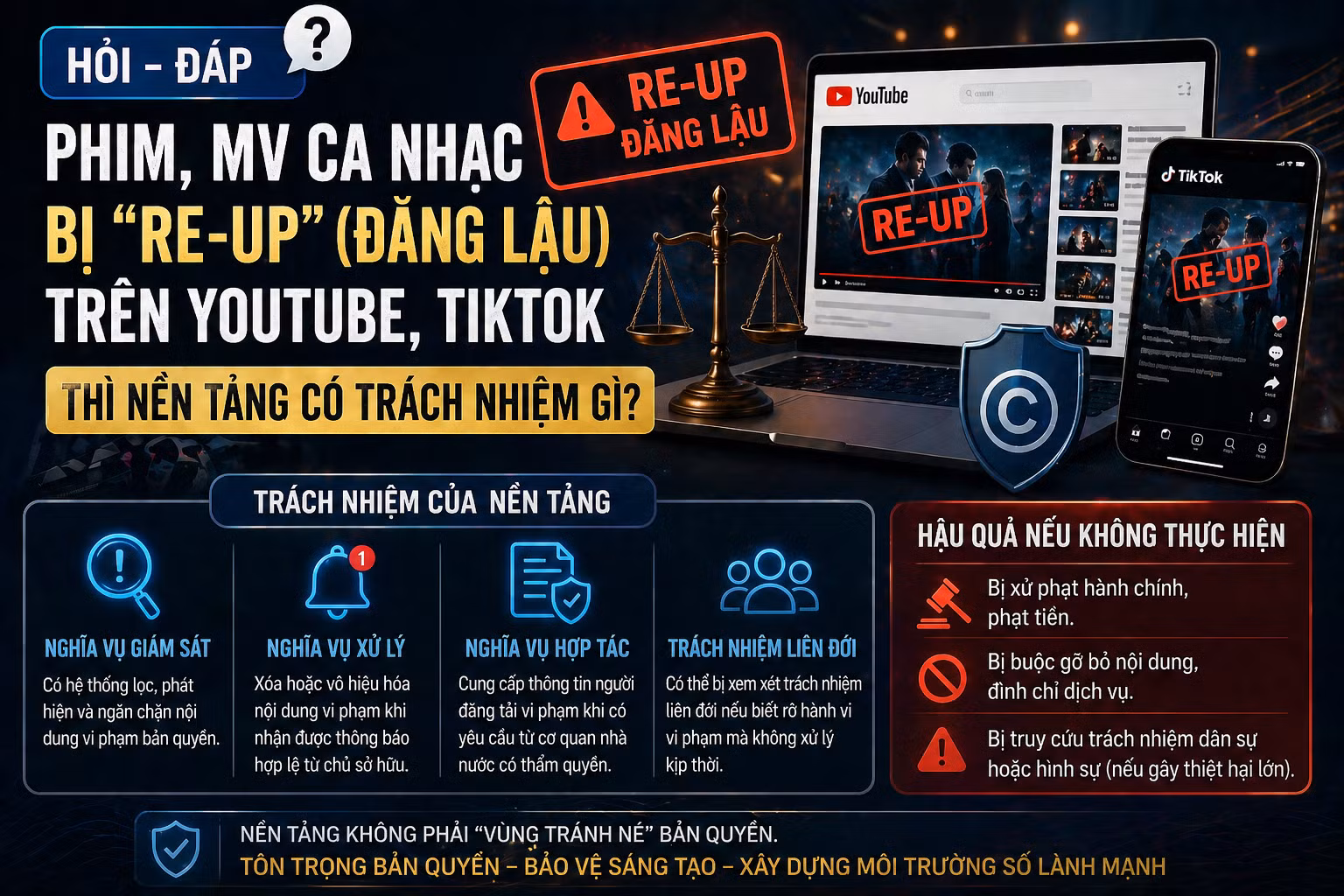 [Hỏi-đáp] Phim, MV ca nhạc bị “re-up” (đăng lậu) trên YouTube, TikTok thì nền tảng có trách nhiệm gì?