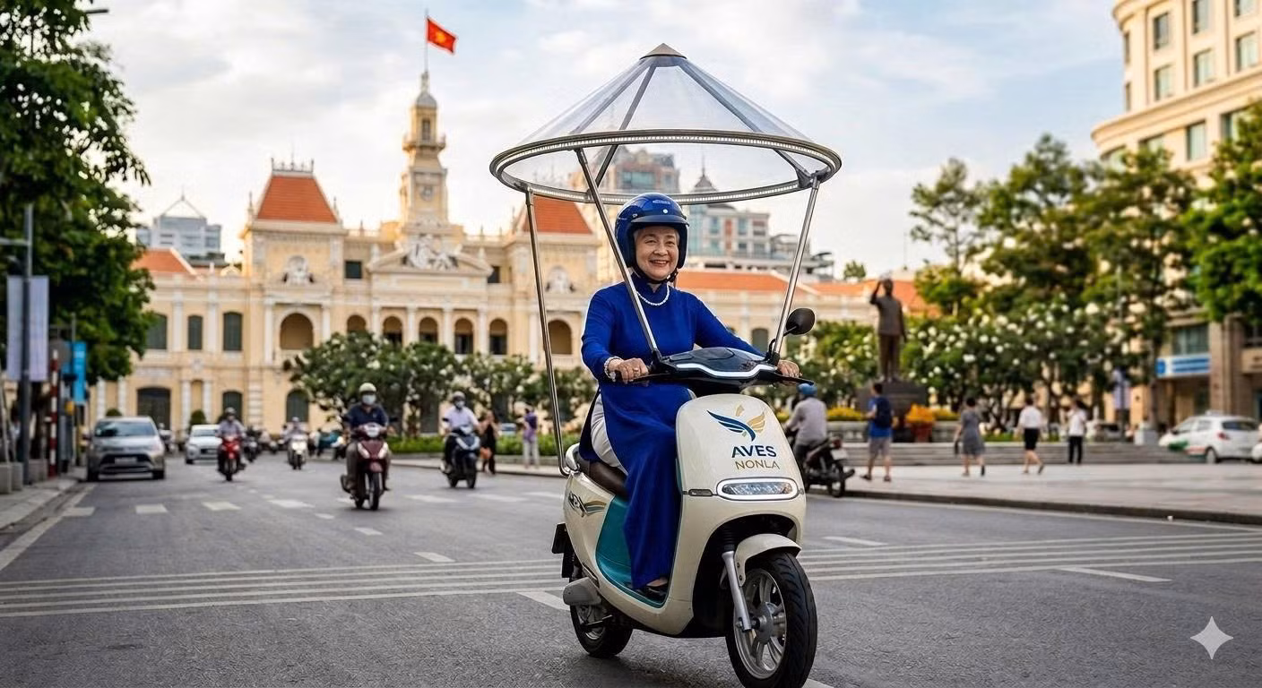 Xe máy điện có mái che lấy cảm hứng từ chiếc nón lá Việt Nam của bà Nguyễn Thị Thu Thủy, 84 tuổi. (Ảnh: AVES)