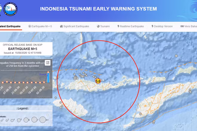 Động đất có độ lớn 7,7 ngoài khơi Indonesia kèm hai dư chấn mạnh. (Ảnh: Cơ quan cảnh báo sớm động đất Indonesia)