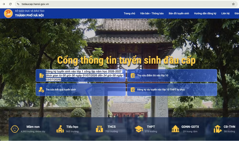 Giao diện Cổng thông tin tuyển sinh đầu cấp của thành phố Hà Nội.