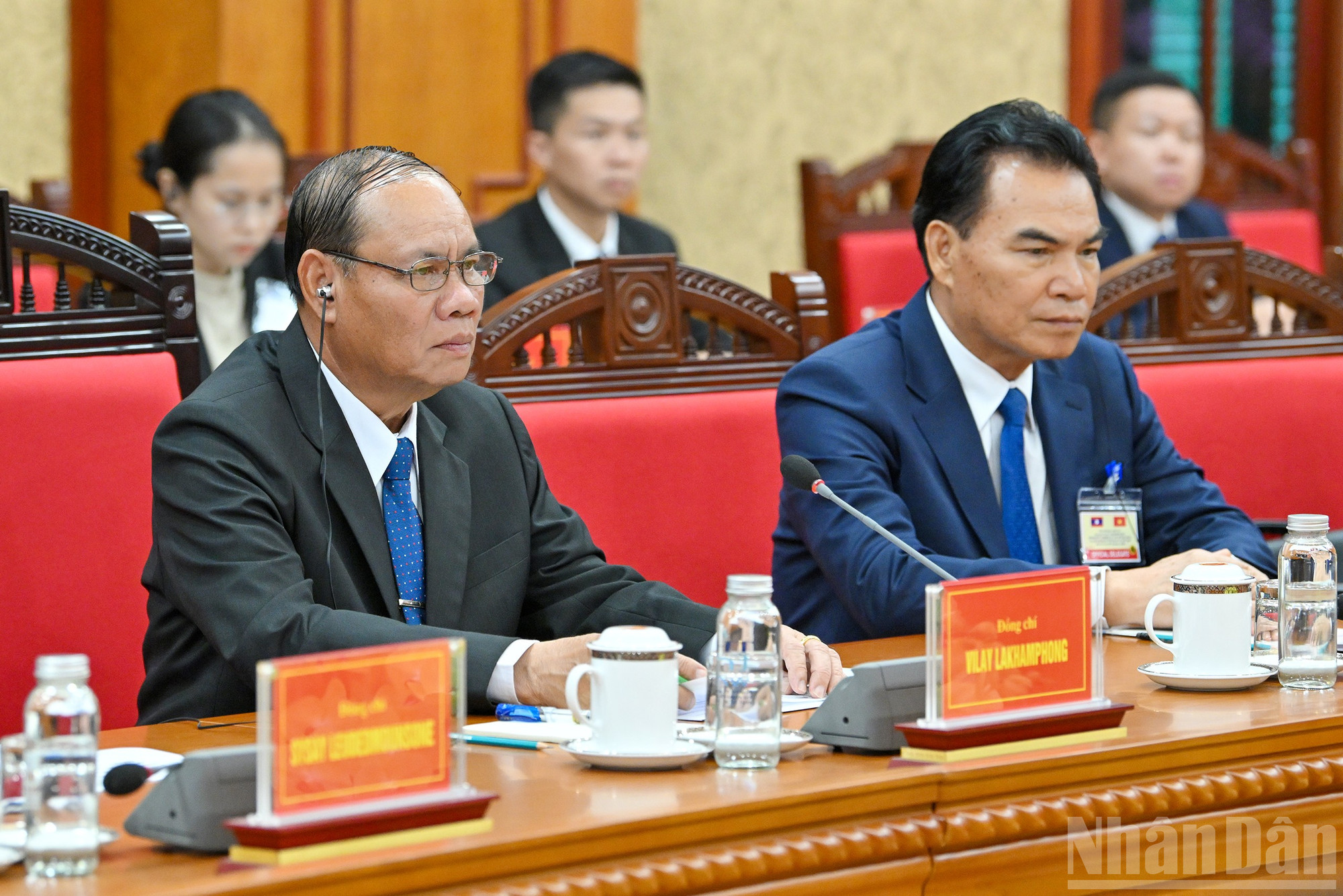 Thường trực Ban B&iacute; thư Trung ương Đảng Nh&acirc;n d&acirc;n C&aacute;ch mạng L&agrave;o Vilay Vikhamphong ph&aacute;t biểu tại hội đ&agrave;m.