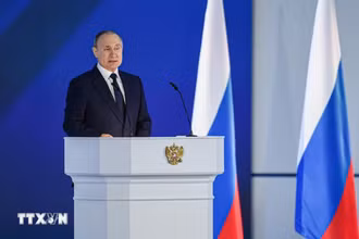 Tổng thống Nga Vladimir Putin phát biểu tại Thủ đô Moskva. (Ảnh: THX/TTXVN)