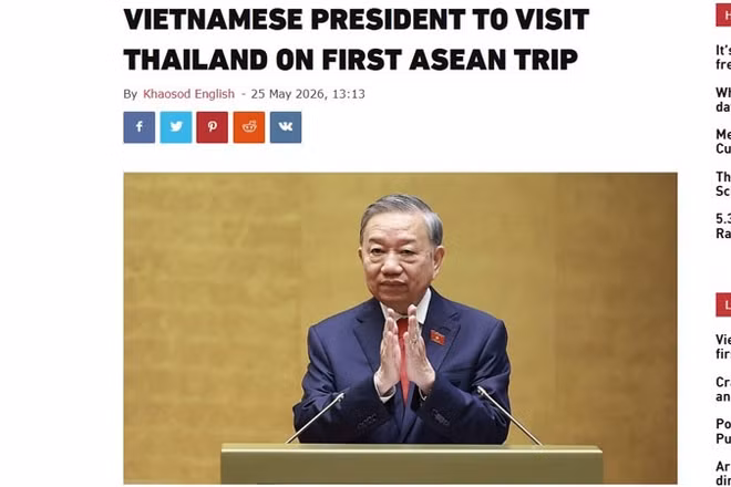 Báo Khaosod đăng tải thông tin về chuyến thăm Thái Lan của Tổng Bí thư, Chủ tịch nước Tô Lâm. (Ảnh chụp màn hình)