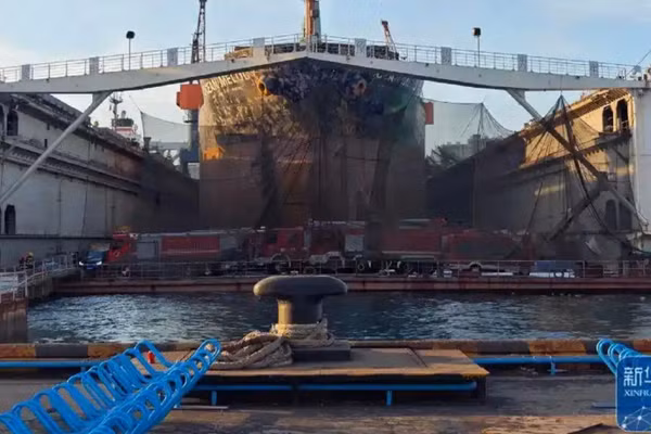 Hiện trường vụ cháy tại Công ty TNHH đóng tàu Bắc Hải, thành phố Thanh Đảo, ngày 10/9. (Ảnh: Tân Hoa xã)