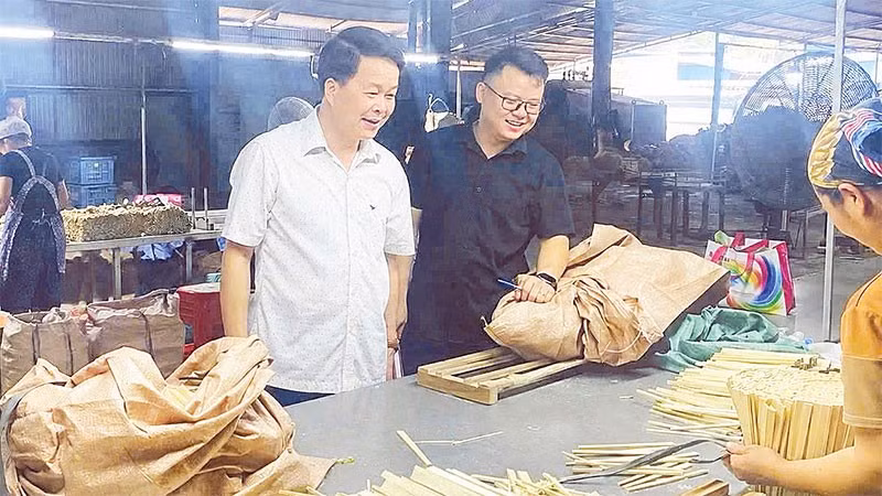 Lãnh đạo Đảng ủy xã Nghĩa Tá kiểm tra tình hình chế biến gỗ tại các cơ sở trên địa bàn (Ảnh DUY THÁI)