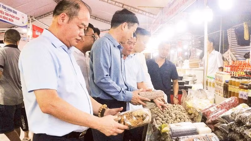 Các đại biểu tham quan phiên chợ kết nối, quảng bá sản phẩm OCOP và đặc sản vùng miền phường Phủ Lý.