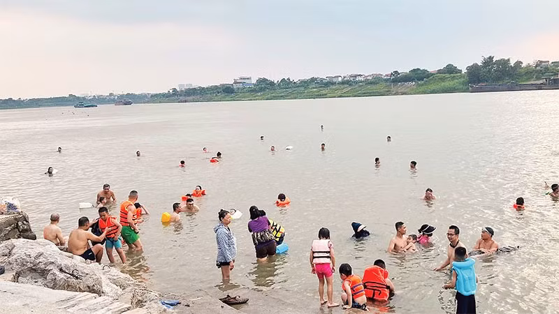 Nhiều gia đình mang cả trẻ nhỏ ra sông bơi lội dù không đủ các điều kiện an toàn.