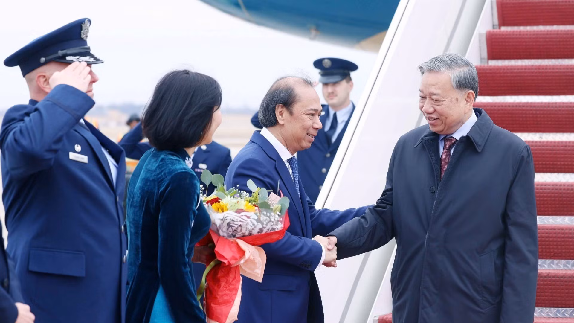 Lễ đón Tổng Bí thư Tô Lâm tại sân bay quân sự Andrews, thủ đô Washington D.C. (Ảnh: Thống Nhất/TTXVN)