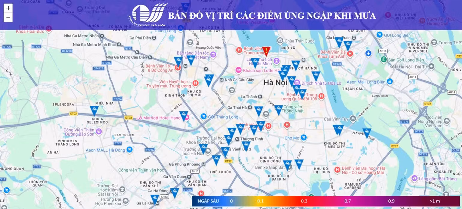 Bản đồ các vị trí ngập sau cơn mưa dông tại Hà Nội. Ảnh chụp lúc 18 giờ 40 phút ngày 27/8.