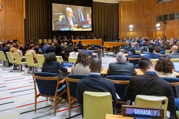 Tổng Thư ký Liên hợp quốc Antonio Guterres phát biểu tại một cuộc họp không chính thức của Đại hội đồng Liên hợp quốc tại trụ sở Liên hợp quốc ở New York, ngày 3/9. (Ảnh: Tân Hoa xã)