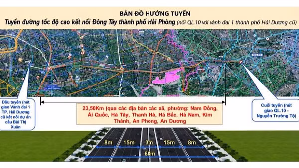 Bản đồ hướng tuyến tuyến đường kết nối đông-tây thành phố. (Ảnh: ĐÀM THANH)