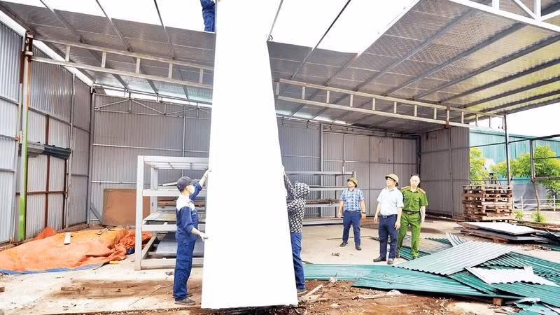 Cơ quan chức năng của Ủy ban nhân dân xã Đan Phượng kiểm tra việc tháo dỡ, di chuyển tài sản các công trình vi phạm tại thôn Tân Thành.